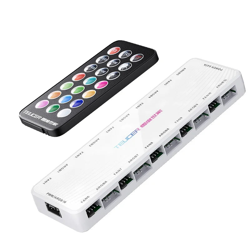 TEUCER ARGB Controller – 1-to-10 PWM Fan Hub with SATA Power
