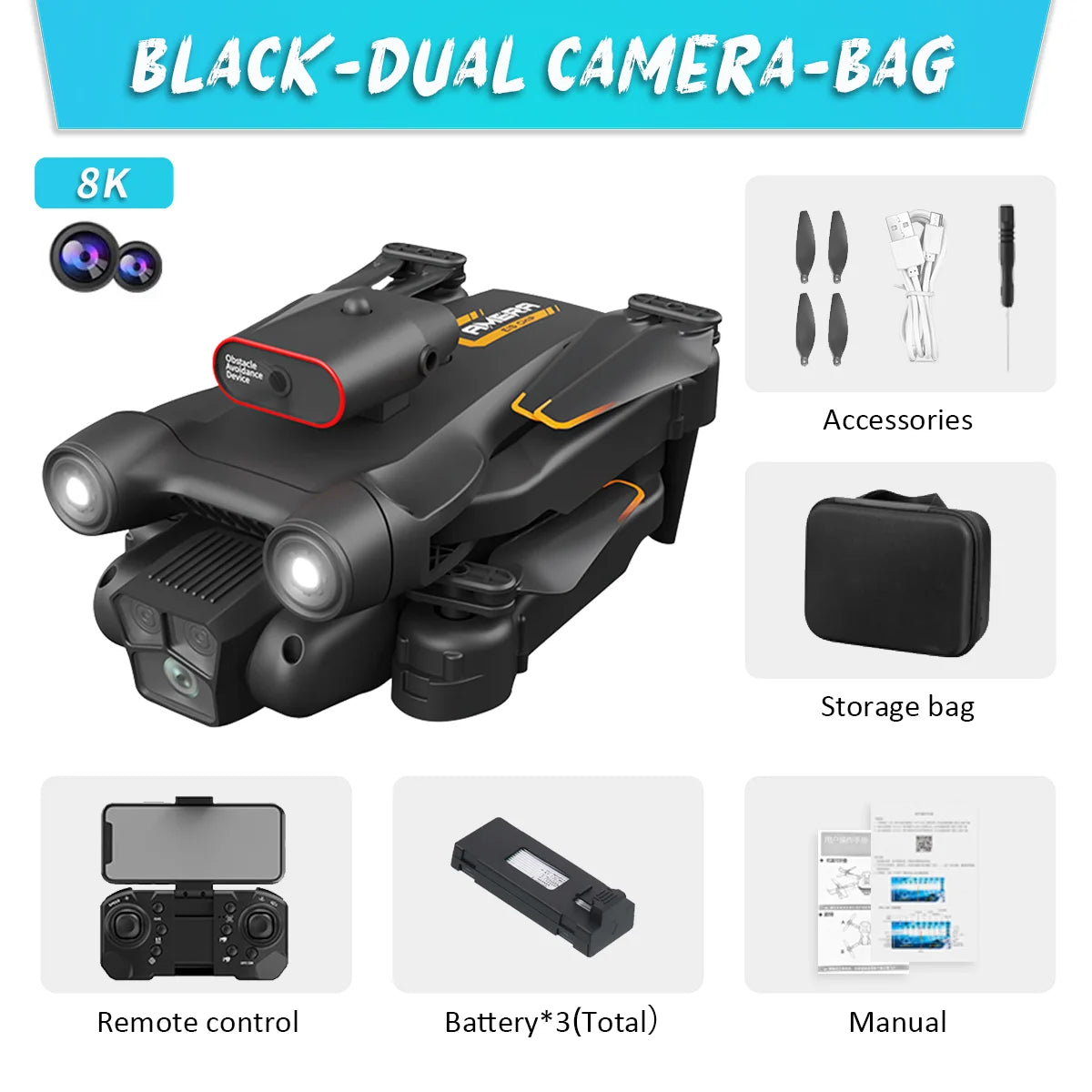 New M17 Max Drone 8K Professional Optical Flow RC Helicopter with Triple HD Camera, Foldable, WIFI FPV, LED, 5000m Range