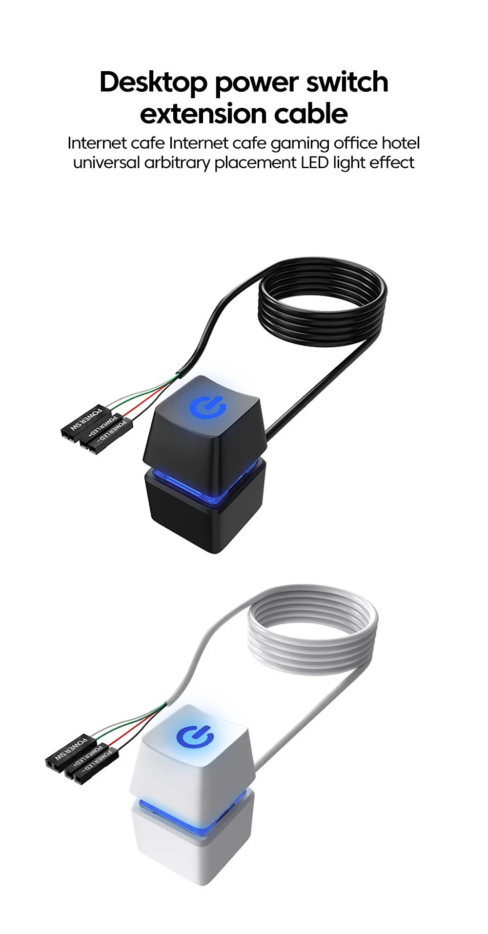 Computer Desktop Switch Blue LED Lights PC Power Button 1.8m Extension Cable