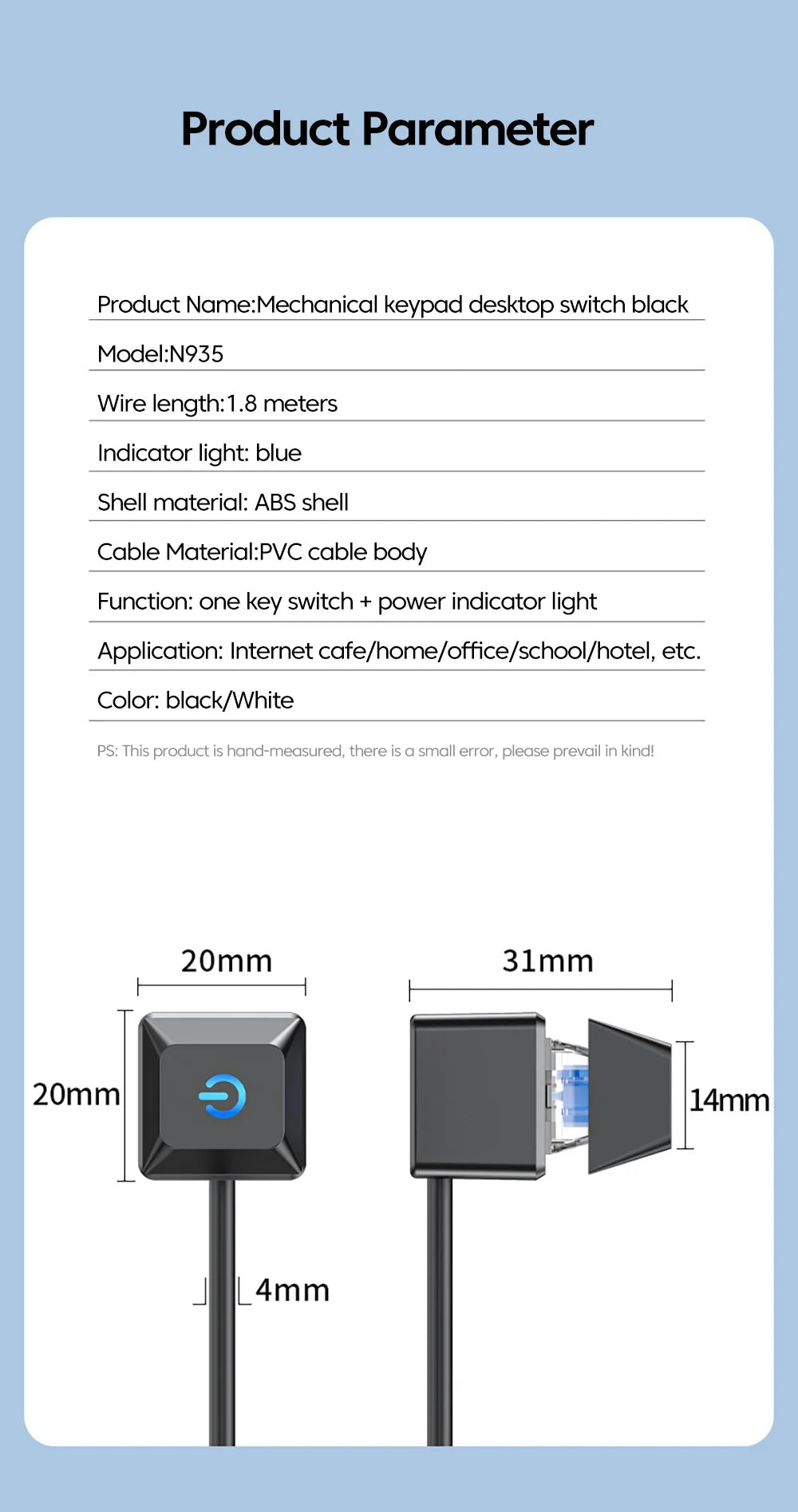 Computer Desktop Switch Blue LED Lights PC Power Button 1.8m Extension Cable
