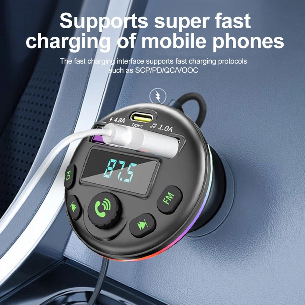 Car Bluetooth 5.0 FM Transmitter MP3 Modulator with Handsfree Audio & 3-in-1 Charging Cable
