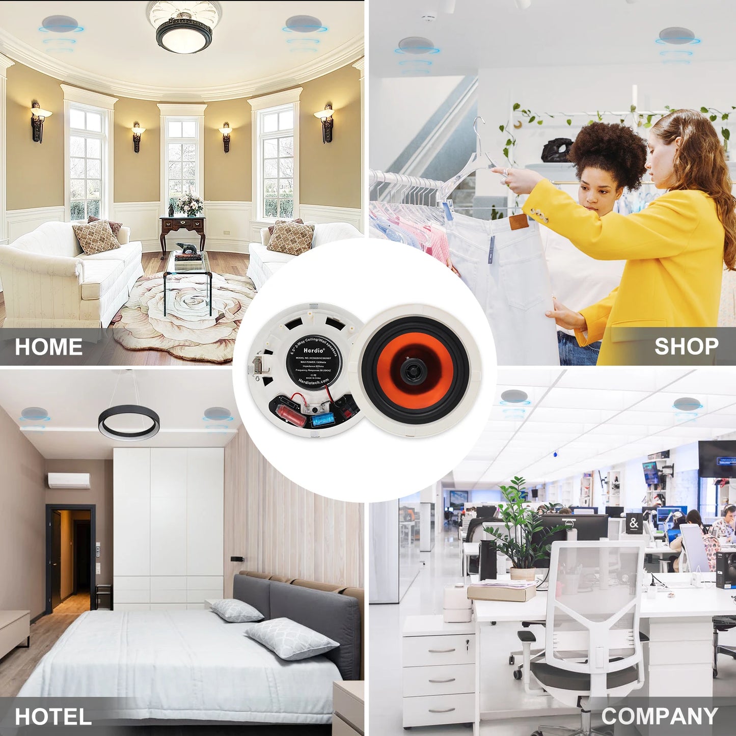 Herdio 6.5 Inch Ceiling Bluetooth Speaker - 300W Home Audio System for Kitchen, Bedroom, Bathroom