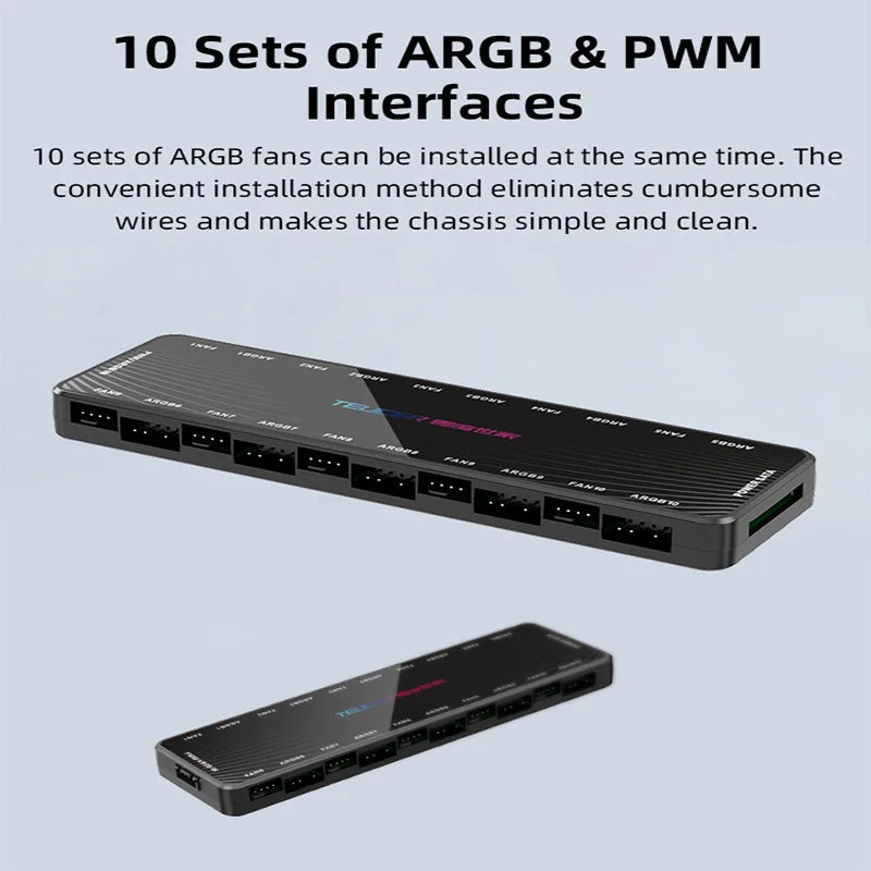 TEUCER ARGB Controller – 1-to-10 PWM Fan Hub with SATA Power