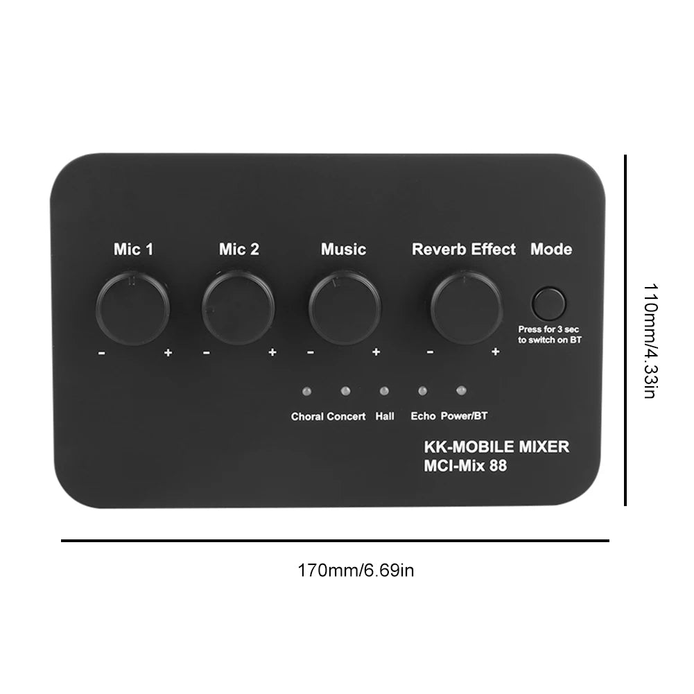 Karaoke Audio Mixer with Bluetooth & 2 Mic Inputs for TV/PC & Amplifier
