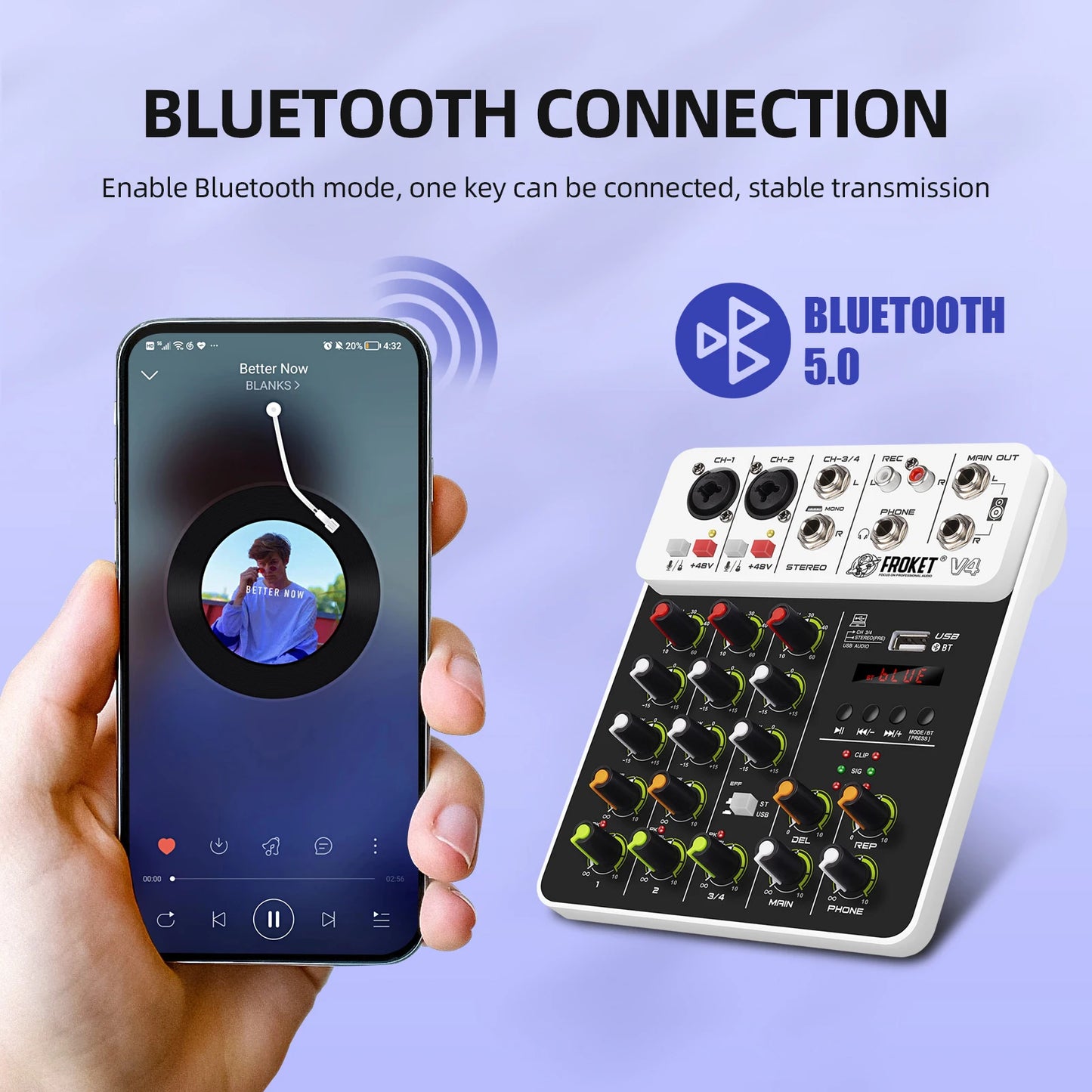 V4 Audio Interface Mixer – 4-Channel Bluetooth USB Recording Console