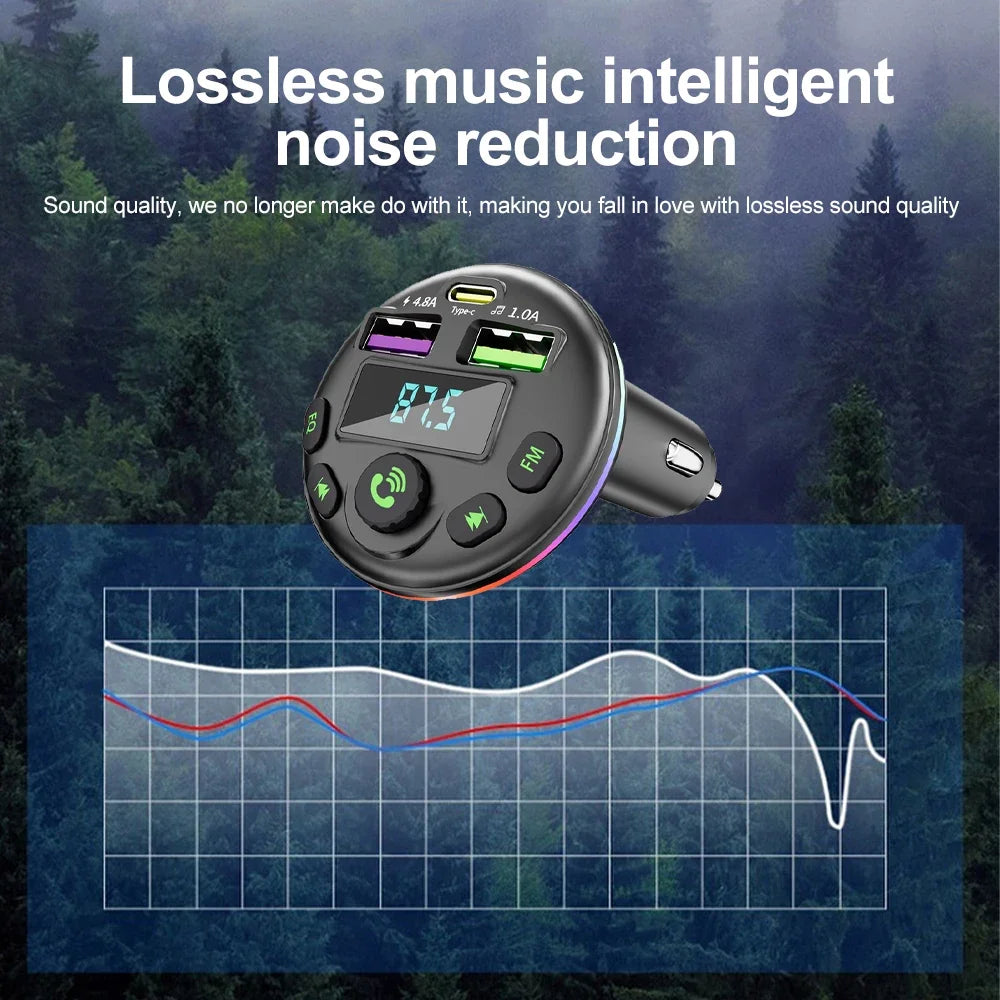 Car Bluetooth 5.0 FM Transmitter MP3 Modulator with Handsfree Audio & 3-in-1 Charging Cable