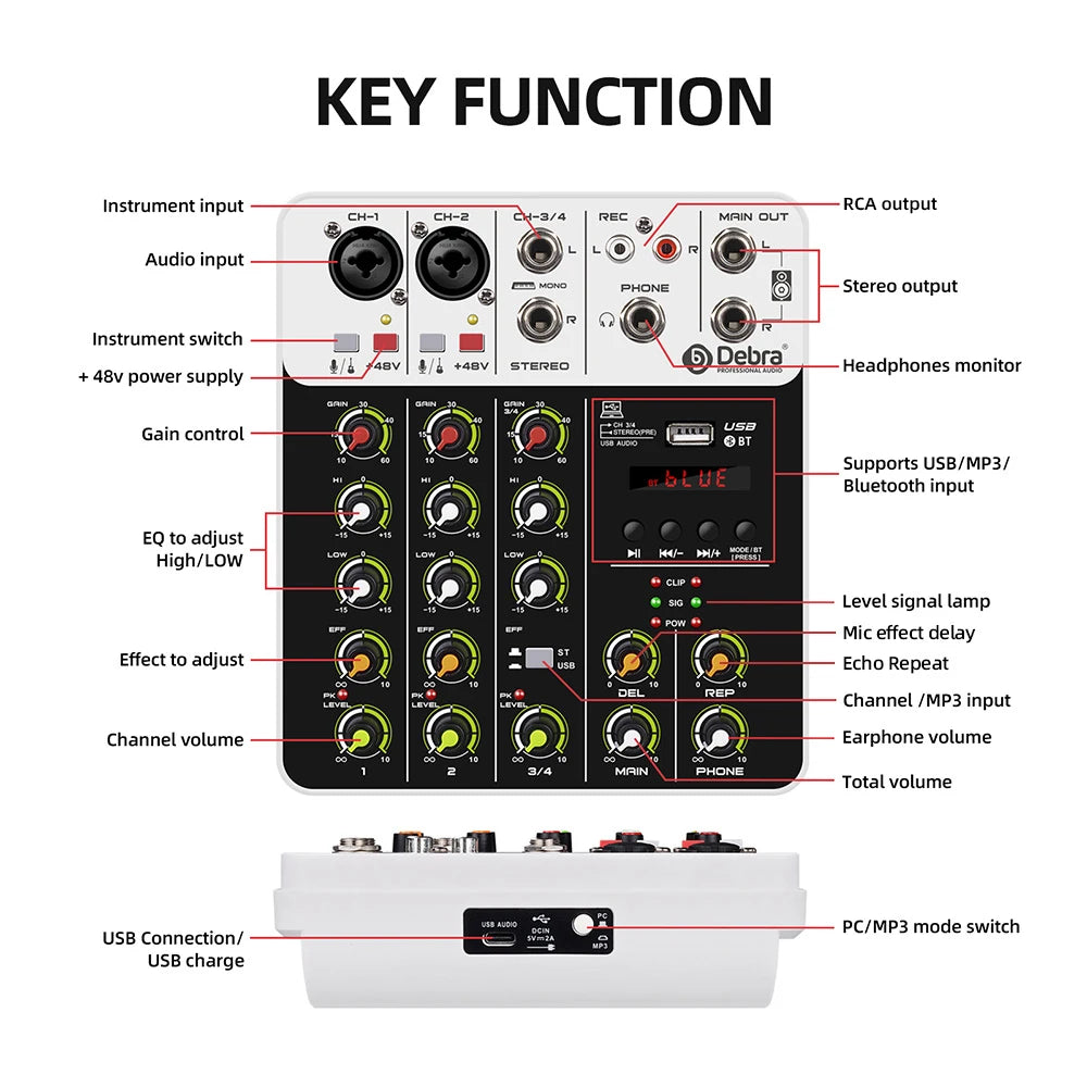 V4 Audio Interface Mixer – 4-Channel Bluetooth USB Recording Console