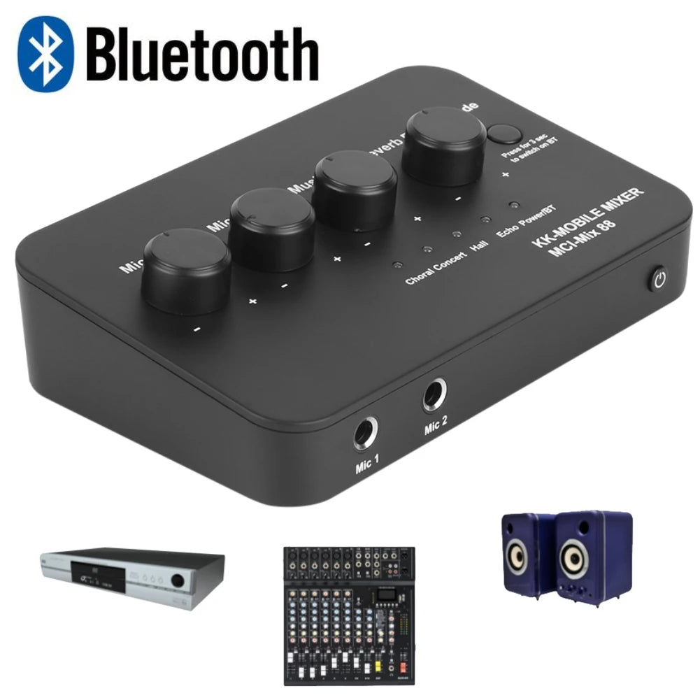 Karaoke Audio Mixer with Bluetooth & 2 Mic Inputs for TV/PC & Amplifier