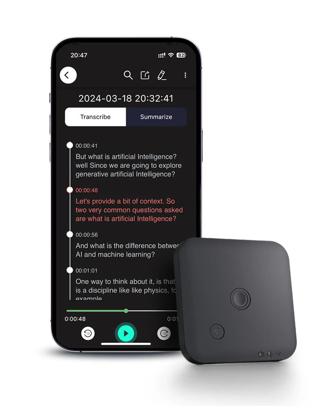 AI Voice & Call Recorder with Speech-to-Text, Summarization, 64GB Storage