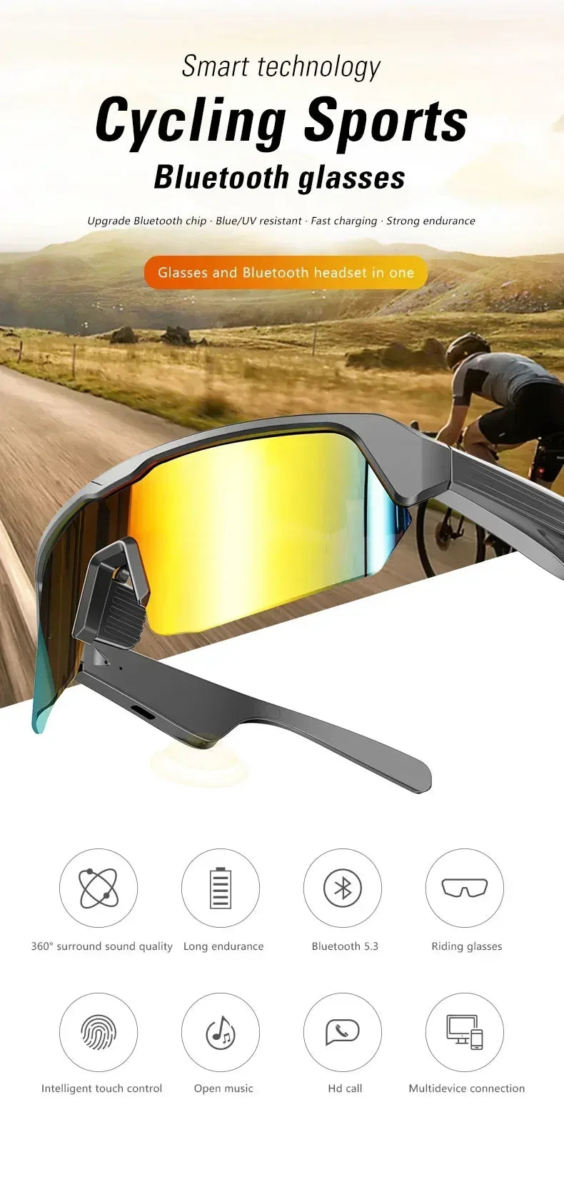 YJ006 Cycling bluetooth smart glasses technology audio call remote headset sunglasses sports driving music earbuds headphones