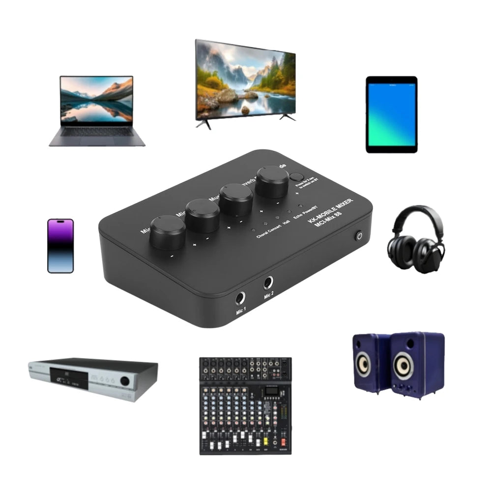 Karaoke Audio Mixer with Bluetooth & 2 Mic Inputs for TV/PC & Amplifier