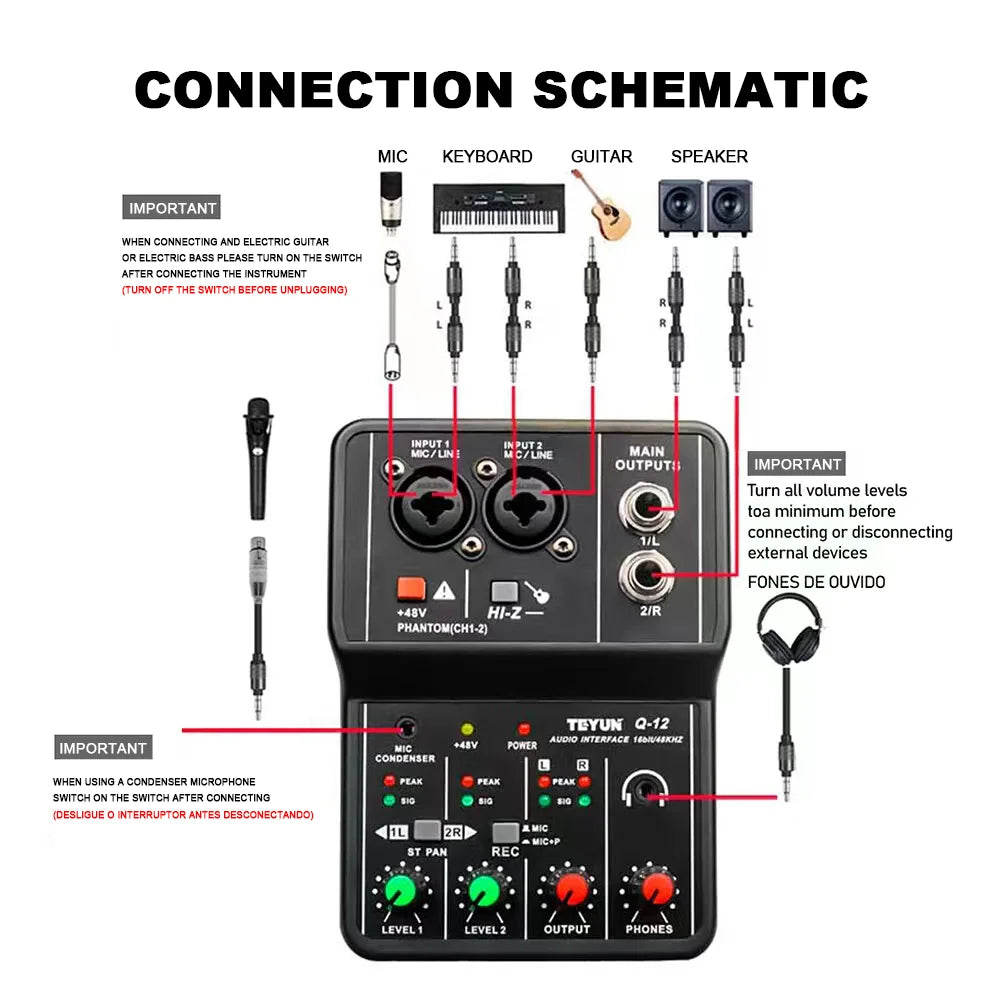 TEYUN Q12 Mini USB Audio Interface – 2-Channel Portable Mixer for Studio & Live Use