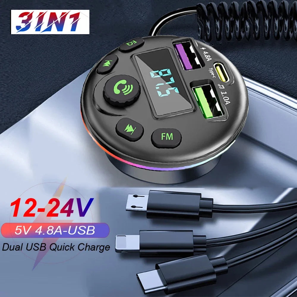 Car Bluetooth 5.0 FM Transmitter MP3 Modulator with Handsfree Audio & 3-in-1 Charging Cable