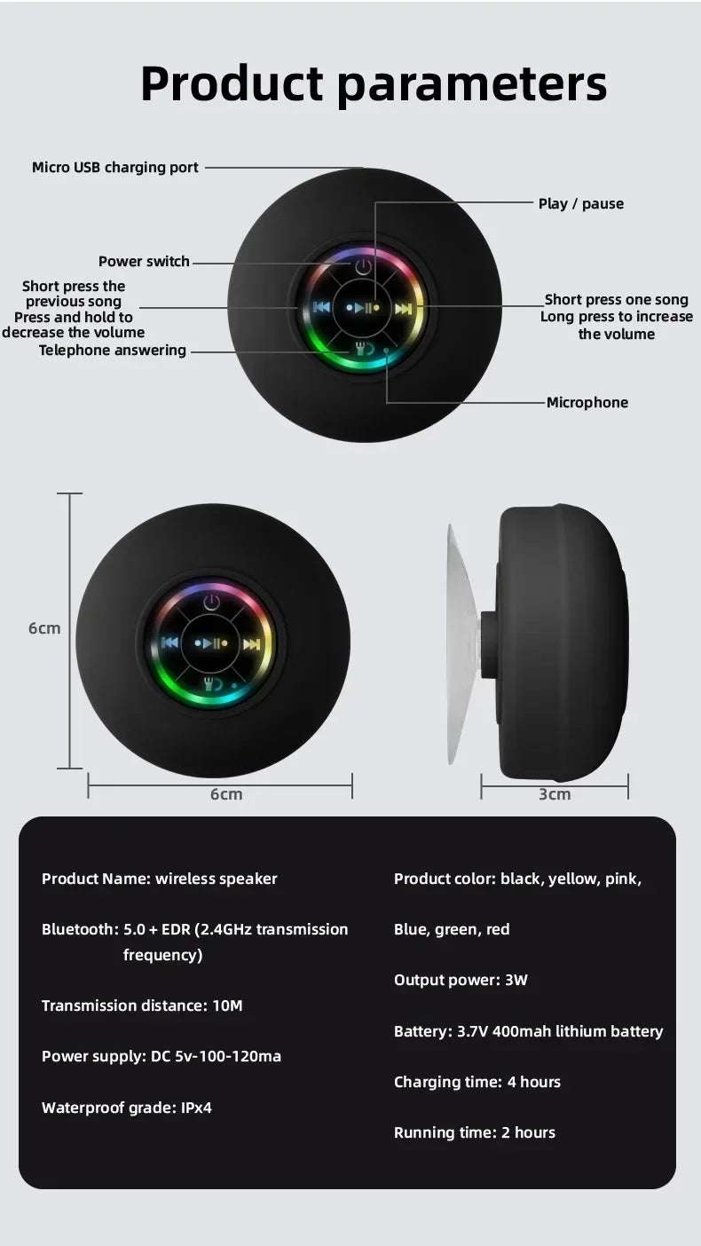 Portable Bluetooth Audio Ipx4 Waterproof Led Lights Bathroom Outdoor Large Suction Cup Can Be Adsorbed Wall Speaker
