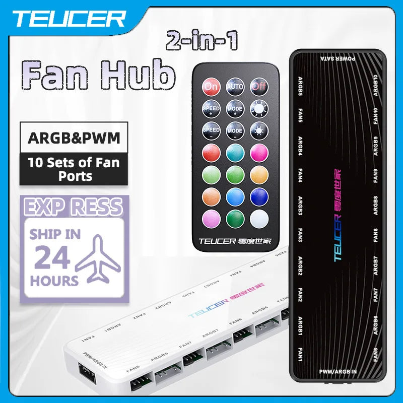 TEUCER ARGB Controller – 1-to-10 PWM Fan Hub with SATA Power